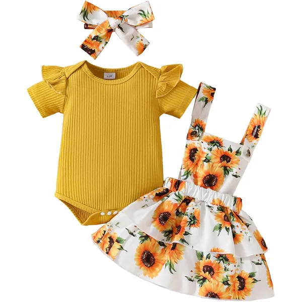 Conjunto HEOXIN de body, saia com suspensórios e diadema com padrão de flores