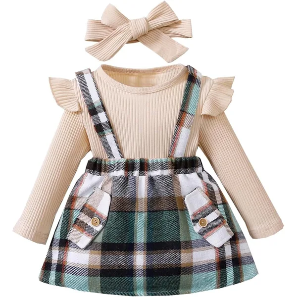 Conjunto LUVCES de top de renda com babados, saia xadrez e diadema