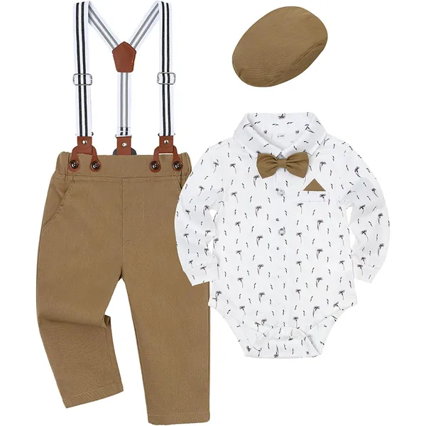 Conjunto de cerimónia Volunboy de 5 peças com camisa, suspensórios, calças, laço e boné